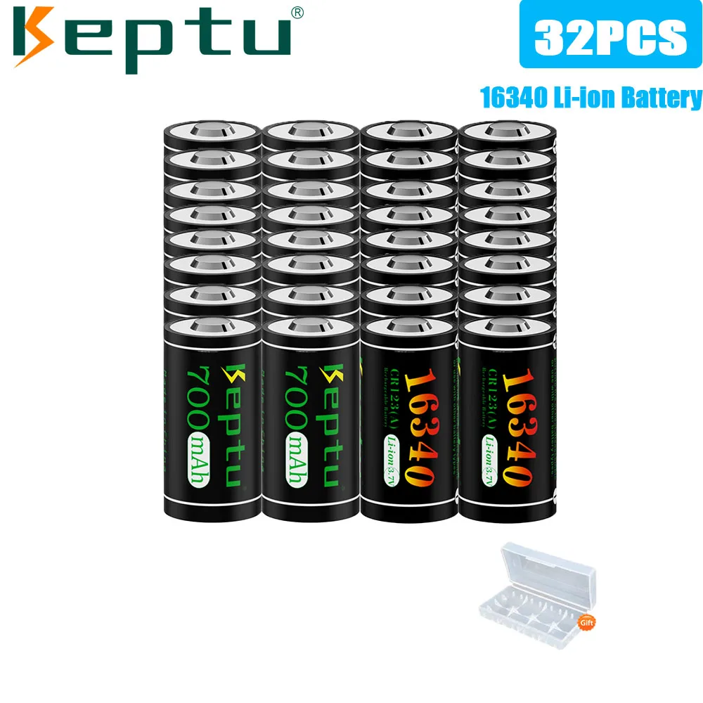 

32PCS KEPTU Li-ion 16340 Batteries 700mAh 3.7V cr123a Rechargeable Battery for Flashlight, Headlamp