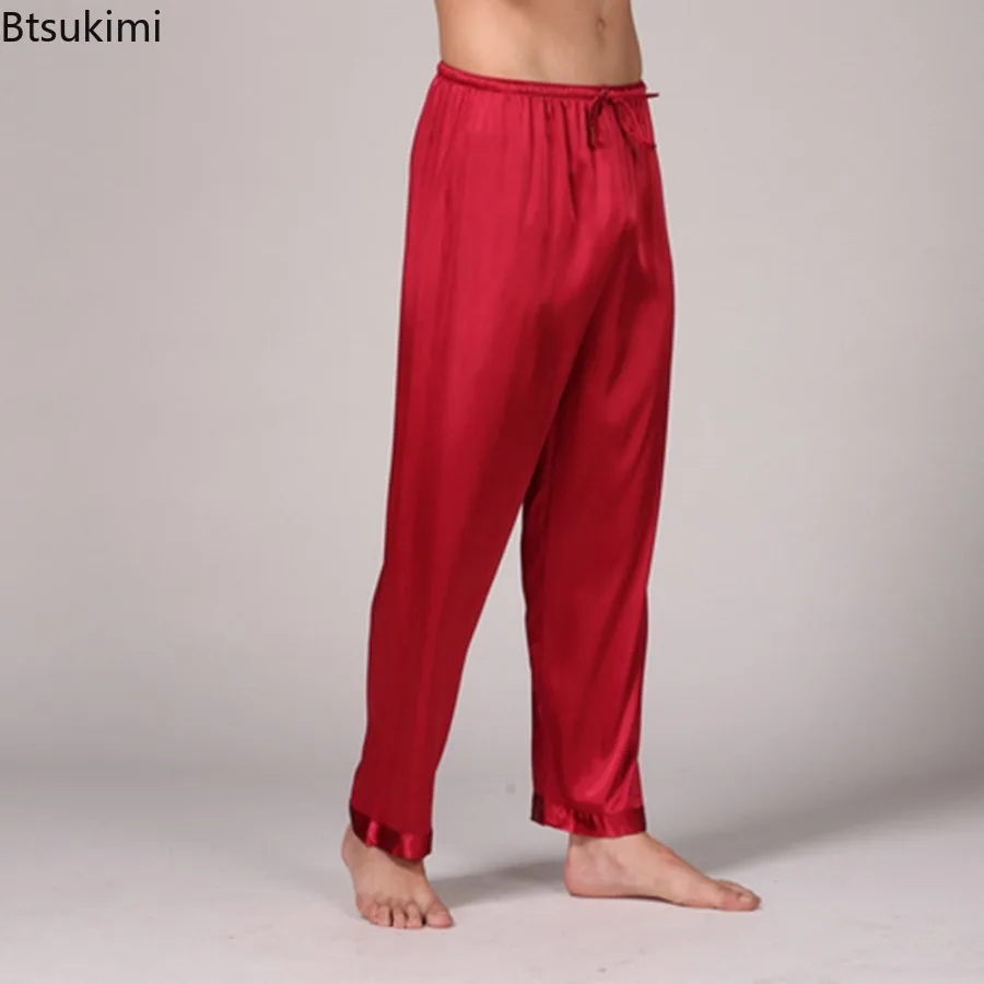 Summer New Men Sleep Bottoms Trousers Fashion Satin Sleepwear Male Ice Silk Pajamas Long Pants Solid Color Comfortable Homewear