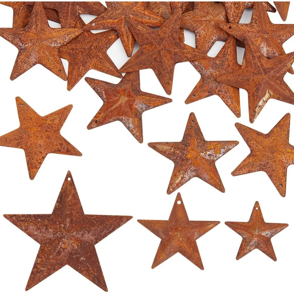 

30PCS 3 Sizes Rusty Metal Barn Star 2" 2.5" 3.75" Vintage Antique Primitives Country Decor Tin Steel Stars with Holes Rustic