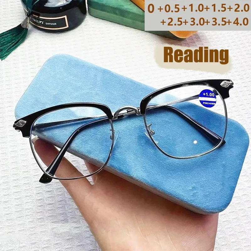 Anti-Blaulicht-Lesebrille aus Metall, hochauflösende Lesebrille für Herren mit halbrahmem Augenbrauen, Lesebrille für Geschäftsmode