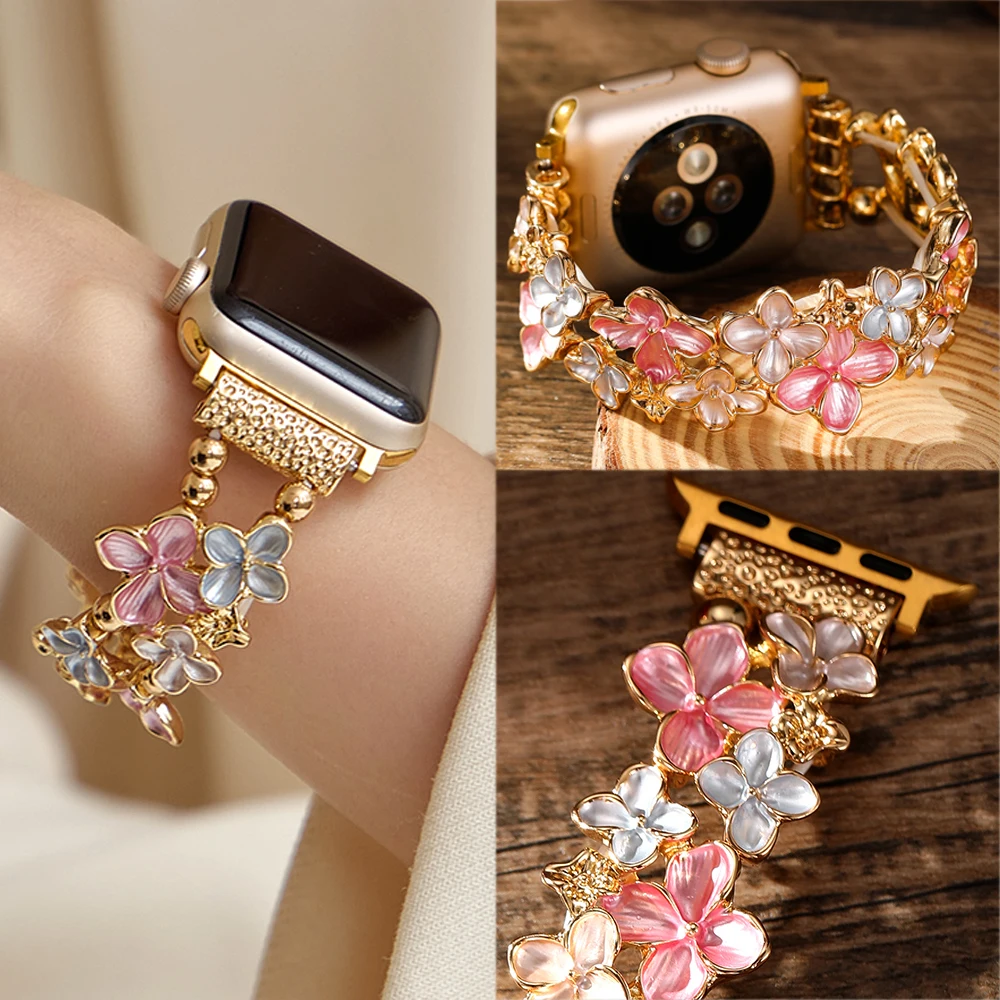 For Apple Watch42 44 45mm Women Strap Elastic Wristband Stereoscopic Flowers Band For iWatch 9 4 2 1 8 7 Se Ultra49mm 38/40/41mm