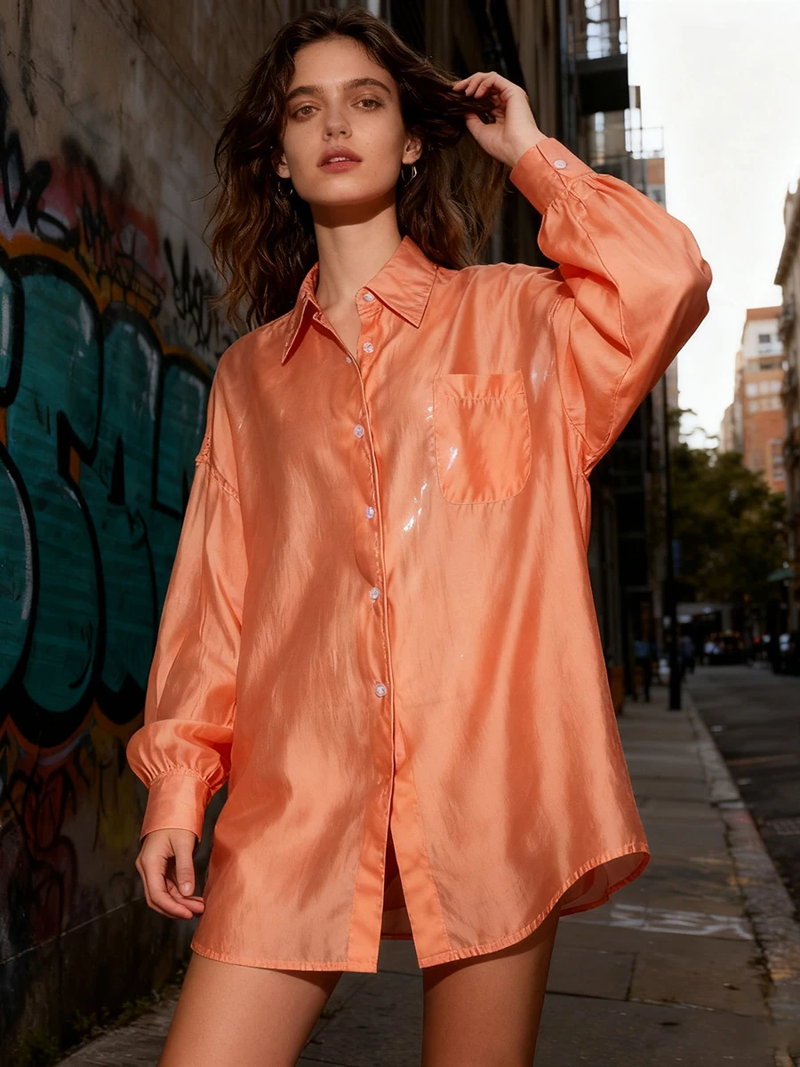 TWOTWINSTYLE Solid Loose Spliced Pocket Basics Shirts for Women Lapel Long Sleevs Patchwork Shirring Casual Shirt Female Clothes