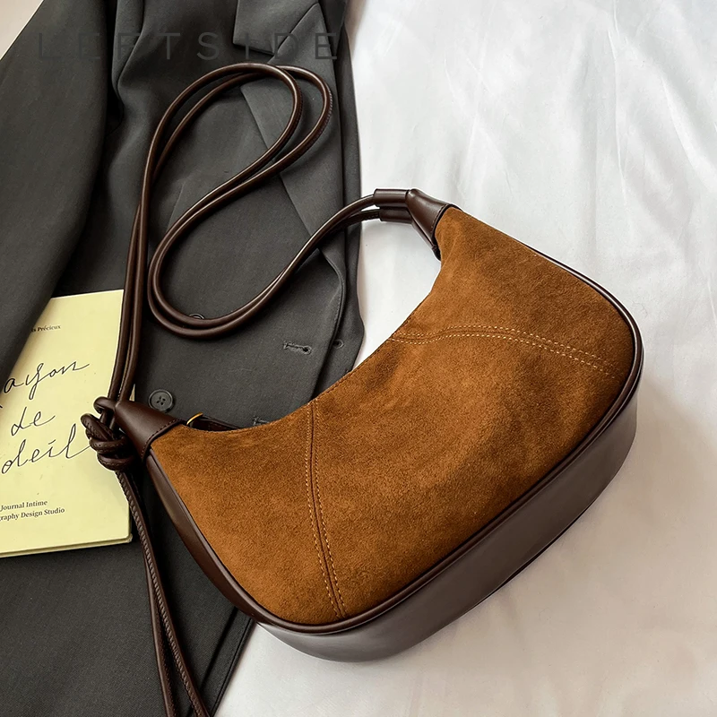 

LEFTSIDE Retro Small Splicing Faux Suede Simple Shoulder Bag 2025 Trendy Winter Crossbody Bag Females Luxury Handbags and Purses