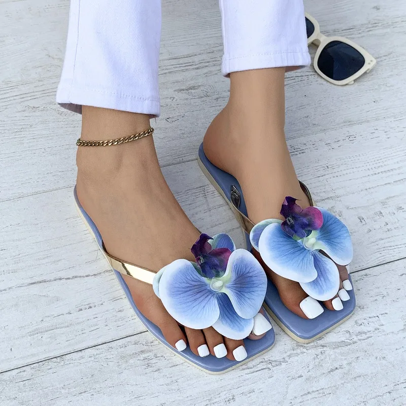 

2025 Summer New Women's Slippers Fad Butterfly Orchid Flower Bottom Flip Flops Lady Outdoor Casual Beach Sandals Sandalias Mujer