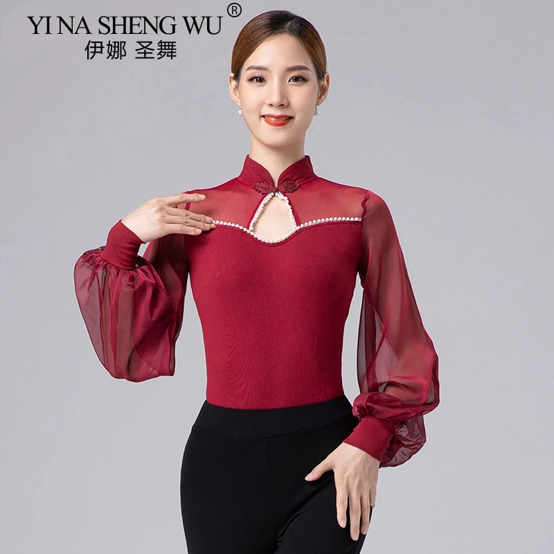 Haut de danse moderne pour femmes, combinaison de danse latine, pratique, étiquette haut de gamme, défilé de mode, danse de salle de bal, haut à manches longues en maille Sexy