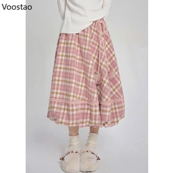 Pink Plaid Vintage Skirt Autumn Winter Women Preppy Style Chic Plush Ball Elegant Midi Skirt Korean Female Y2k A-Line Skirts