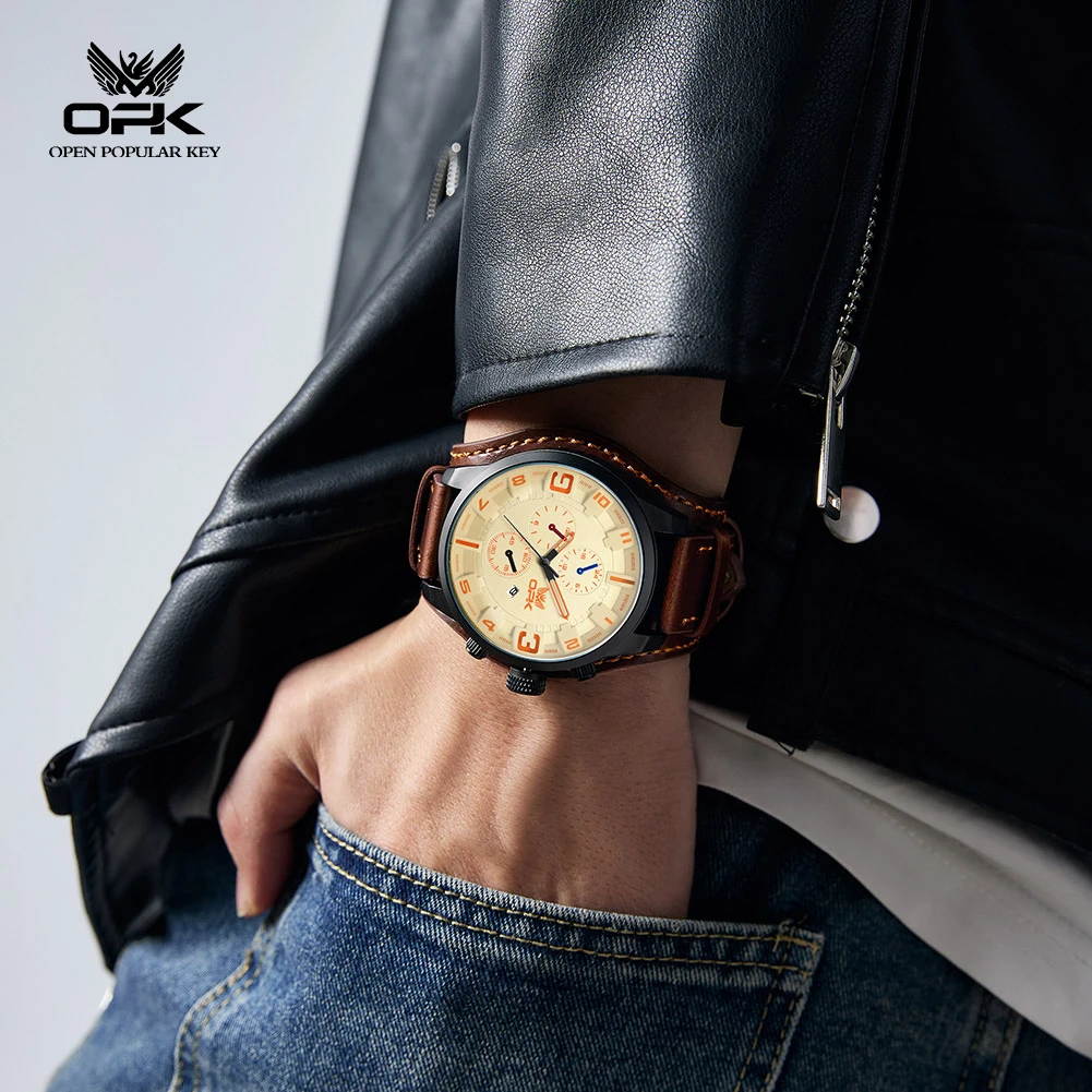 OPK 6091 Watch for Men Original Casual Men's Wristwatch Leather Strap Waterproof Outdoor Sport Men Classic Fashion Quartz Watch