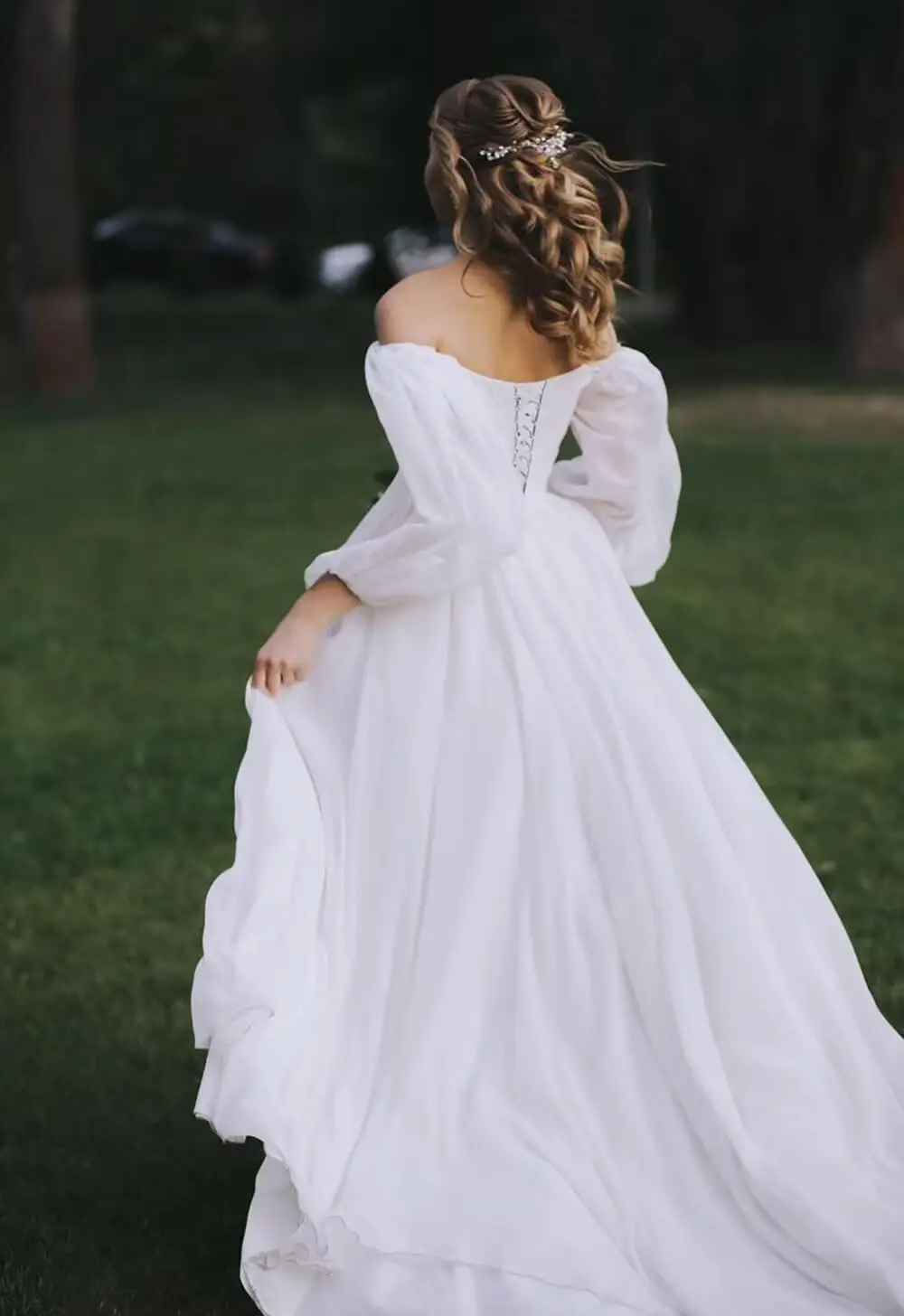Abito da sposa Boho con spalle scoperte in chiffon gonfio maniche lunghe abiti da sera formali da ballo con tasche abito da sposa da sposa
