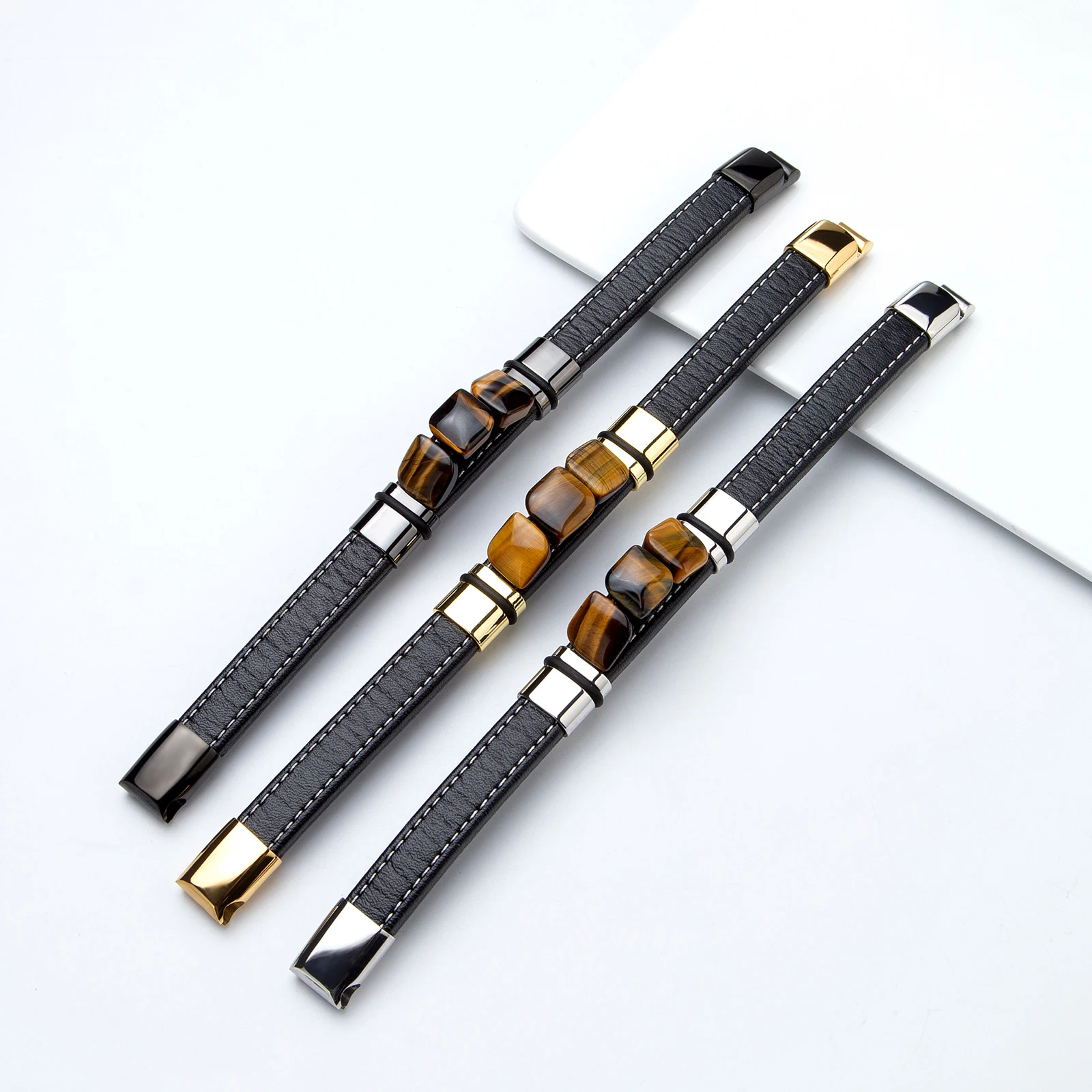 New Multi Color 3 Square Natural Old Tiger Eye Vintage Jewelry Charm Wide Leather Rope Men's Stainless Steel Bracelet Jewelry - view 5