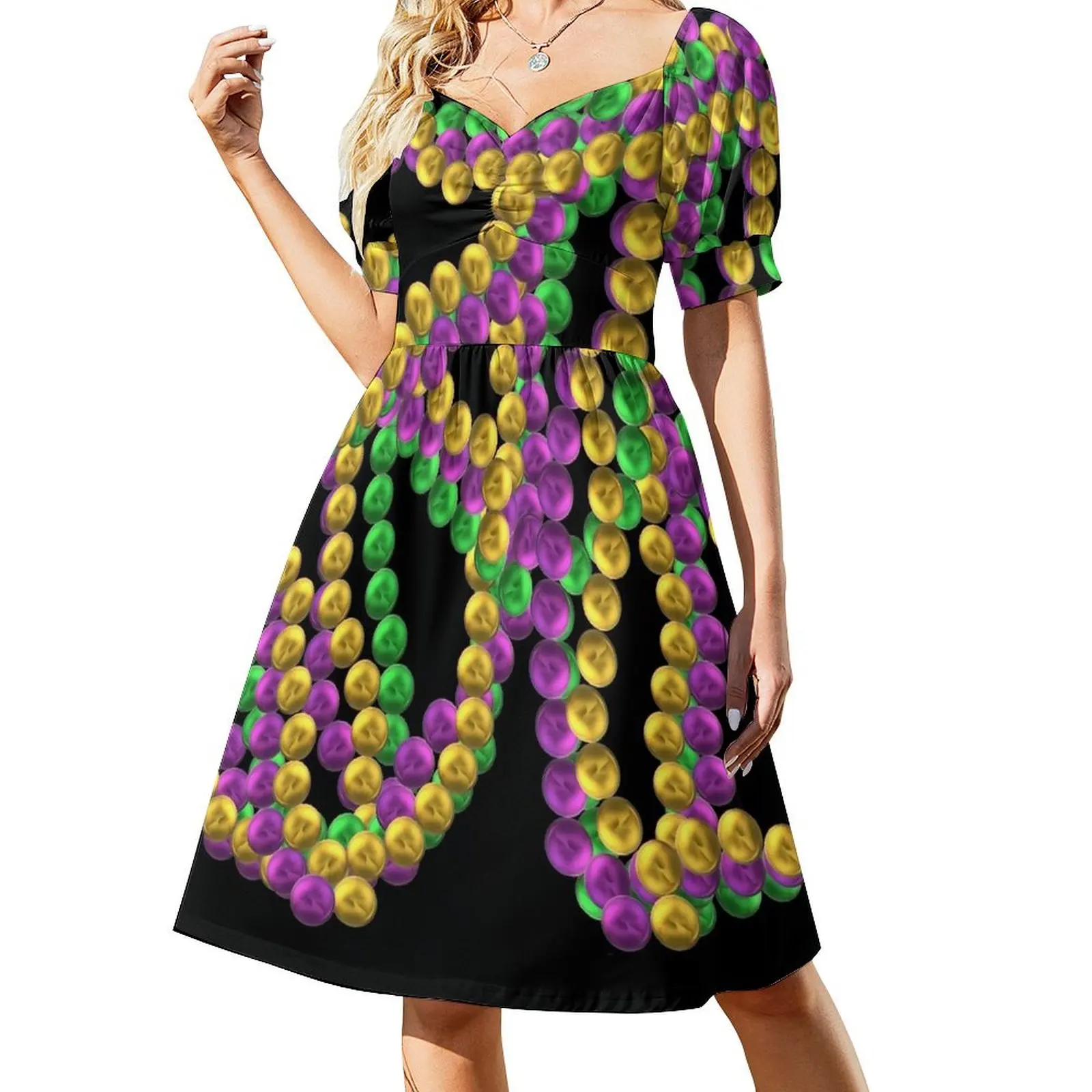 

Twisted Mardi Gras Bead Necklaces in Purple, Green and Gold (Black Background) Short Sleeved Dress loose summer dress Dress