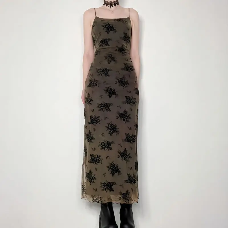 Safina, Cool Dark Dirty Wind Suspender Spice Girl Dress Women's Print Mesh Ins Slim Waist Dress