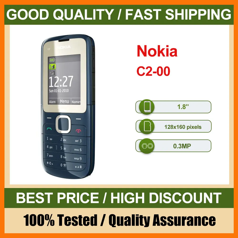 هاتف Nokia C2-00 الأصلي مصنوع في فنلندا يدعم اللغة الإنجليزية بحالة جيدة