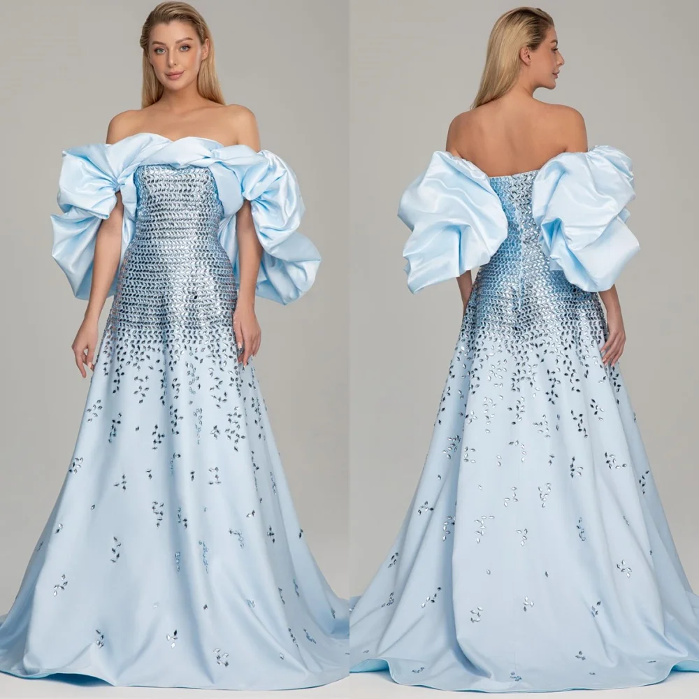 

Customized High Quality Blue Satin Evening Dress Modern Off the Shoulder Homecoming Dresses Dreamy Crystal Vestido De Festa