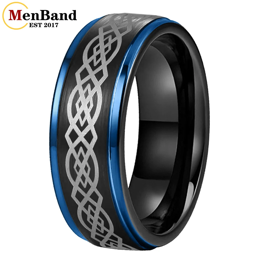 MenBand 8mm Tungsten Rings for Men Women Engagement Wedding Bands Celtic Knot Engraved Stepped Matte Comfort Fit