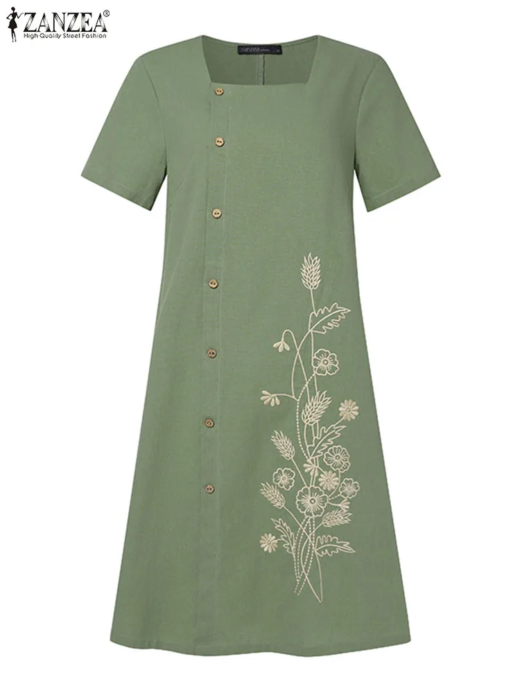 ZANZEA Summer Casual Floral Embroidery Dress Woman Square Collar Short Sleeve Dresses Female Fashion Holiday Midi Robe Oversized