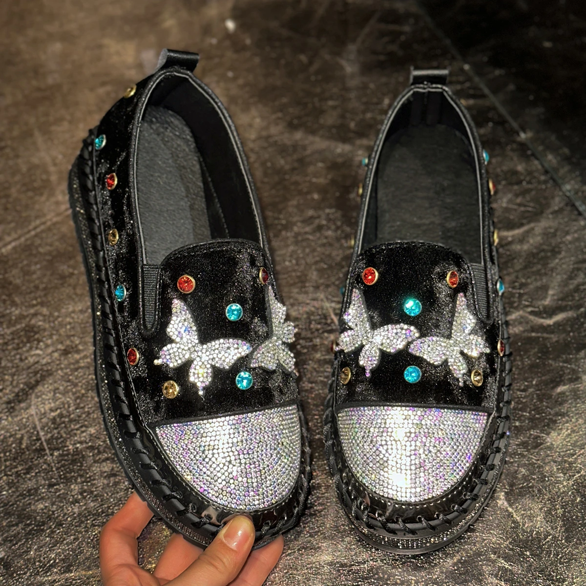 

Luxurious Pearl Embellished Loafers Diamonds Bling Flats Shoes Rhinestone Ladies Casual Shoes Round Toe Slip-on Platform Shoes