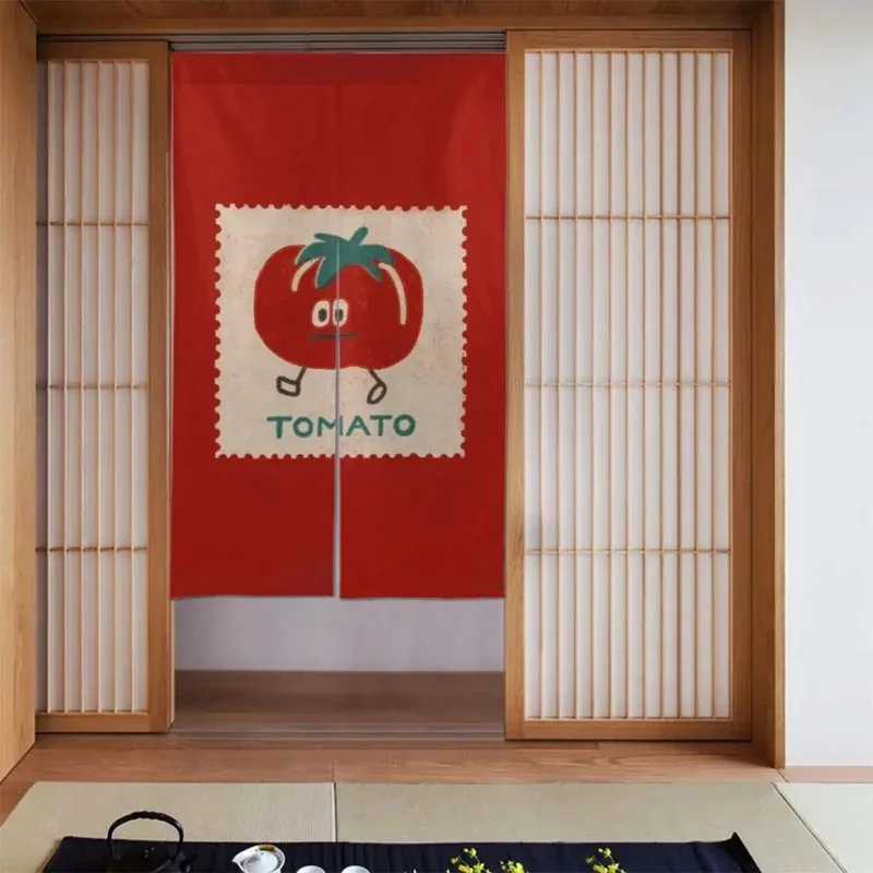VIKAMA Cute Cartoon Tomato Print Door Curtain, Red Japanese Noren, Kitchen & Dining Room Privacy Partition