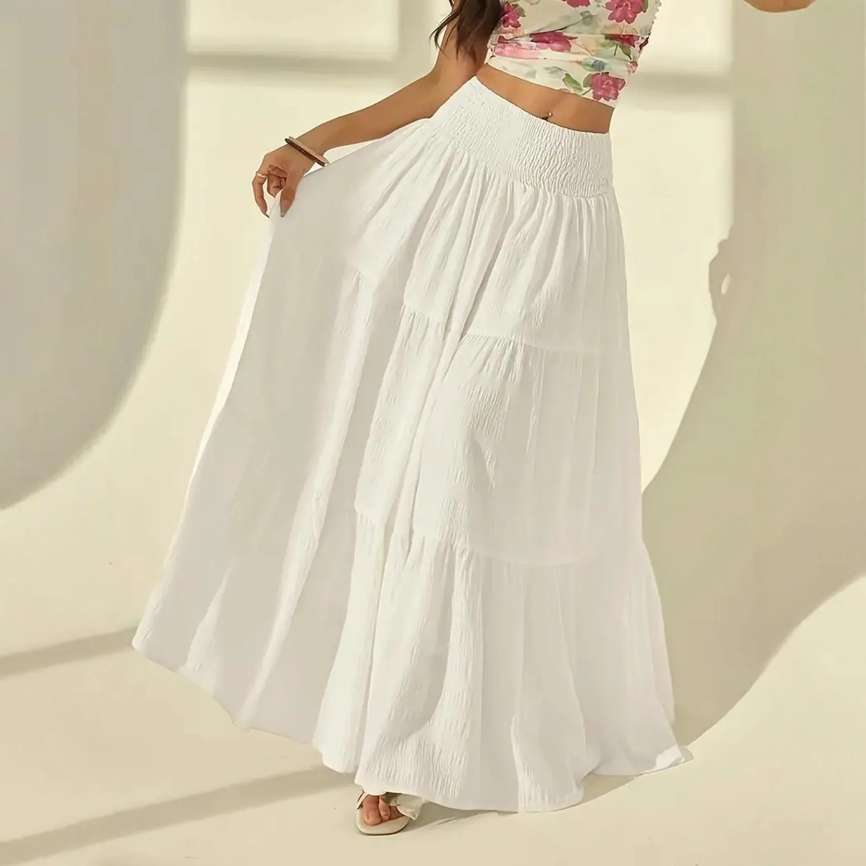 

Summer Clothes Women Long Skirt Solid Color Pleated Skirts Women's Maxi Skirt Black Tiered Smocked Waist Elegant Casual A Line