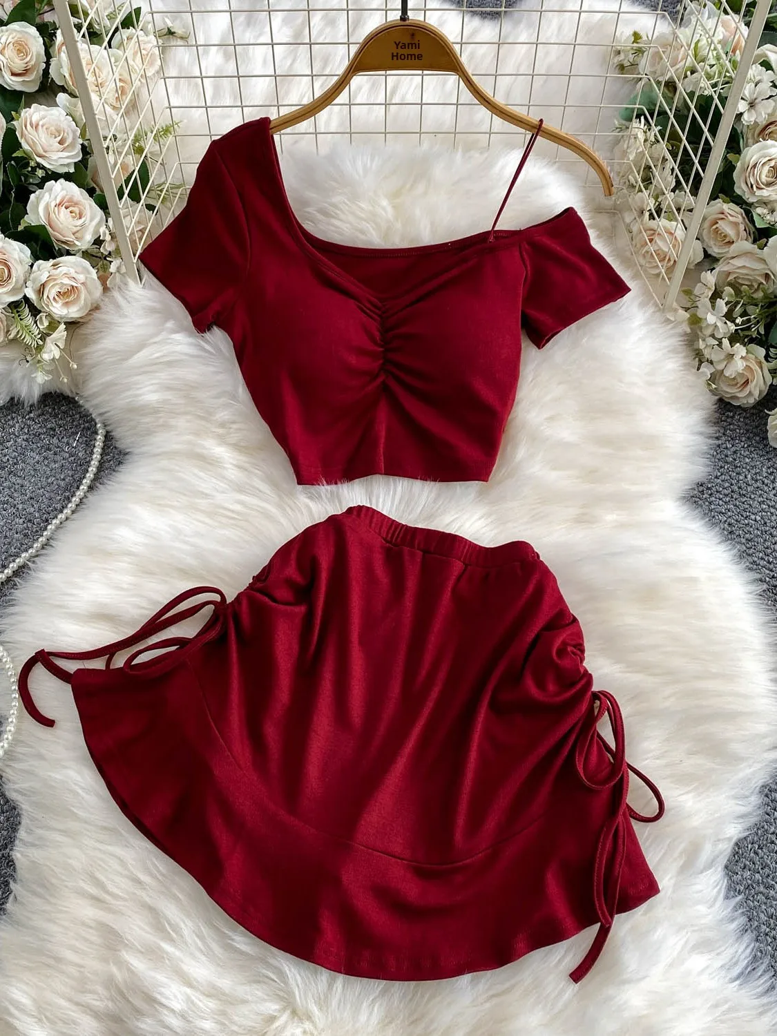 Sexy Spicy Girl Style Single Shoulder Strap Top with Chest Pad High Waist Short Skirt Set Drawstring Slimming Blouse Set