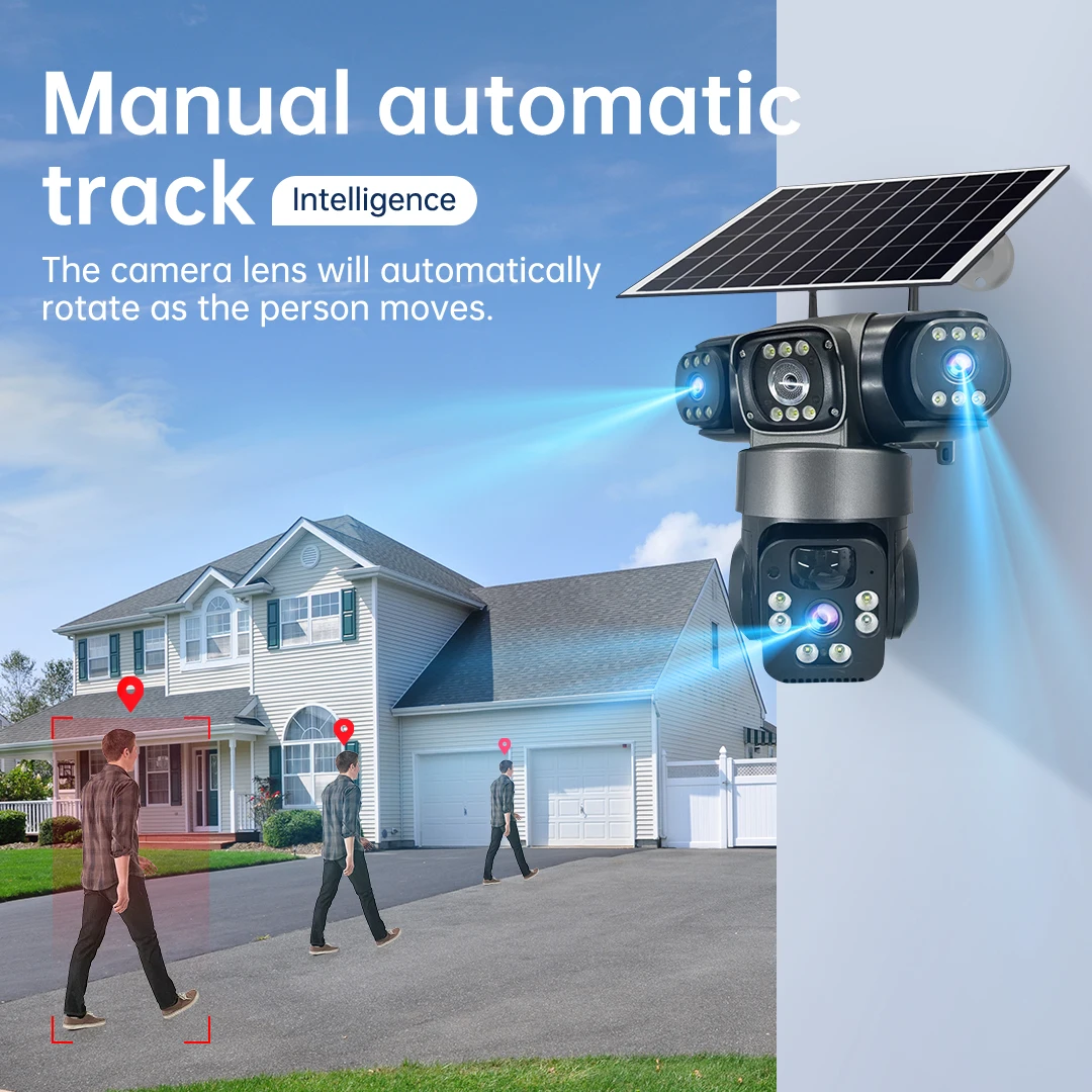 V380 15MP 4G SIM Solar Camera Outdoor Triple Lens Three Screen Two-Way Audio Auto Tracking Security Camera CCTV PTZ Surveillance