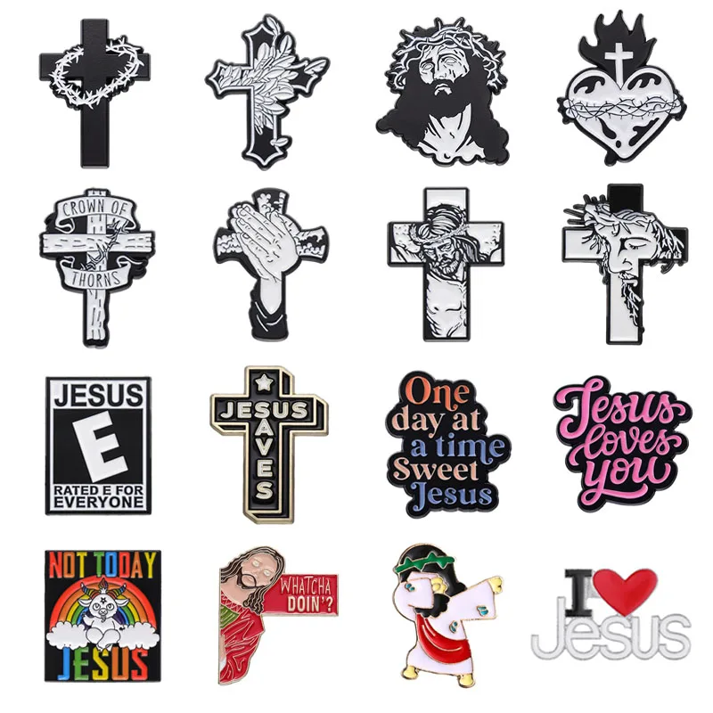 Jesus Christus Gesicht mit Dorn Krone auf Kreuz Emaille Pins Christentum Broschen Revers Rucksack Abzeichen Schmuck Geschenk für Freunde