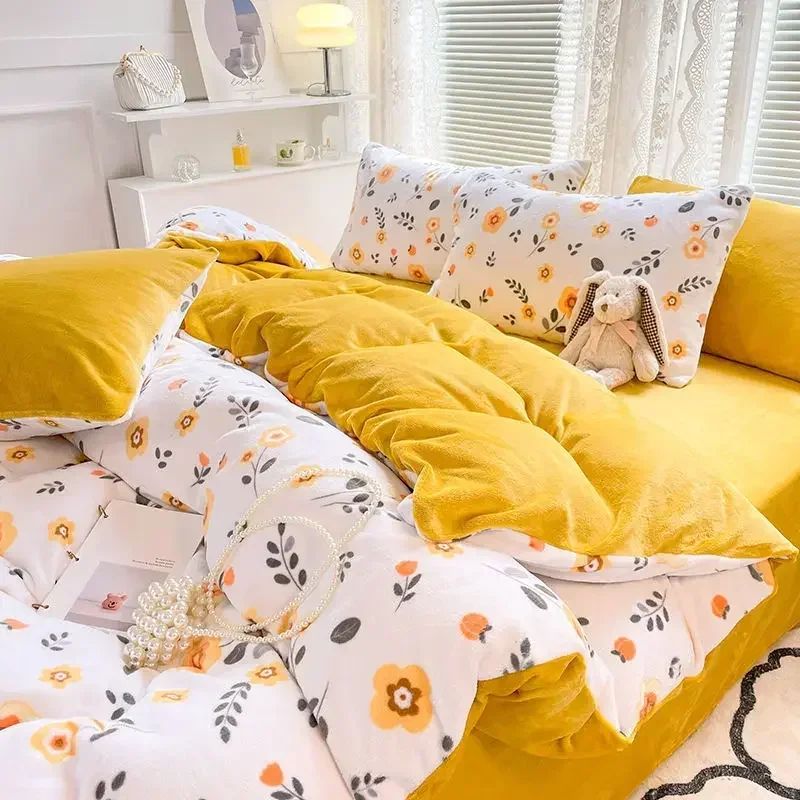 Soft Duvet Cover Flat Sheet Pillowcases Set Warm Short Plush Double Queen Size Bedding Boys Girls Cute Home Textile