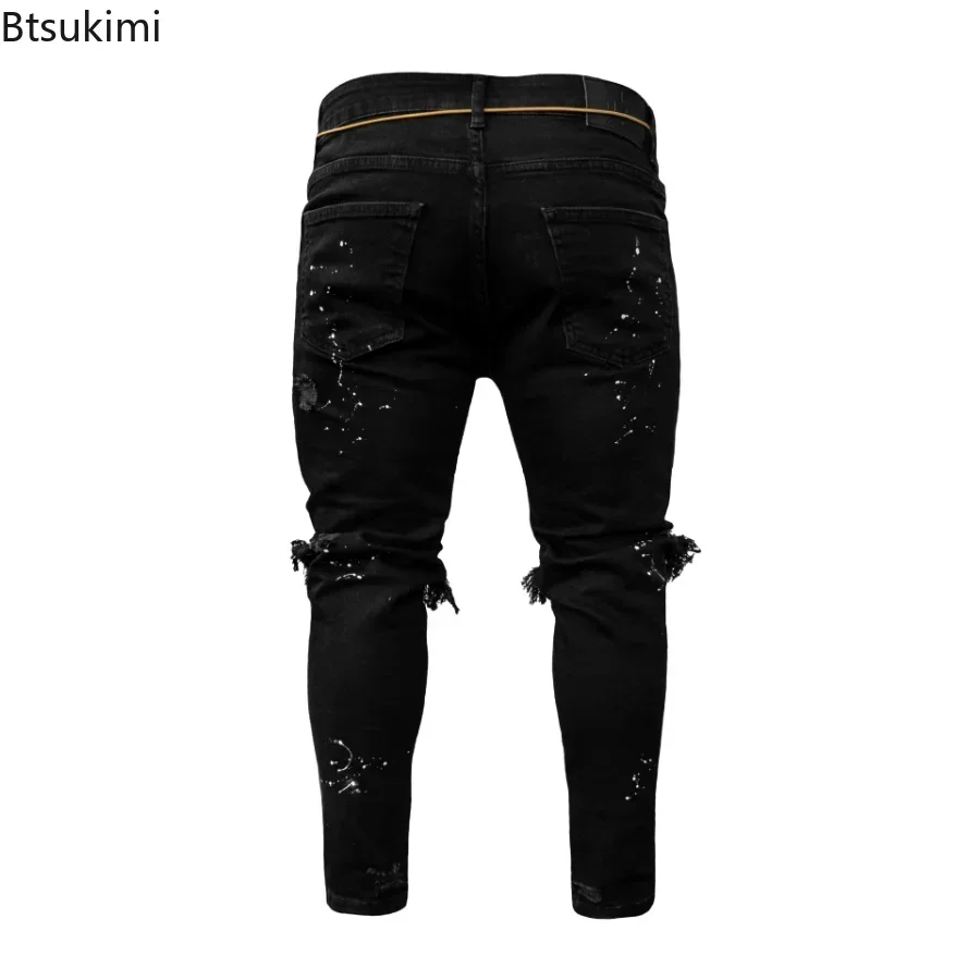 2025 Men Hip Hop Streetwear Fashion Ripped Hole Jeans Retro Slim Pencil Pants Casual Distressed Denim Pants Male Skinny Trousers