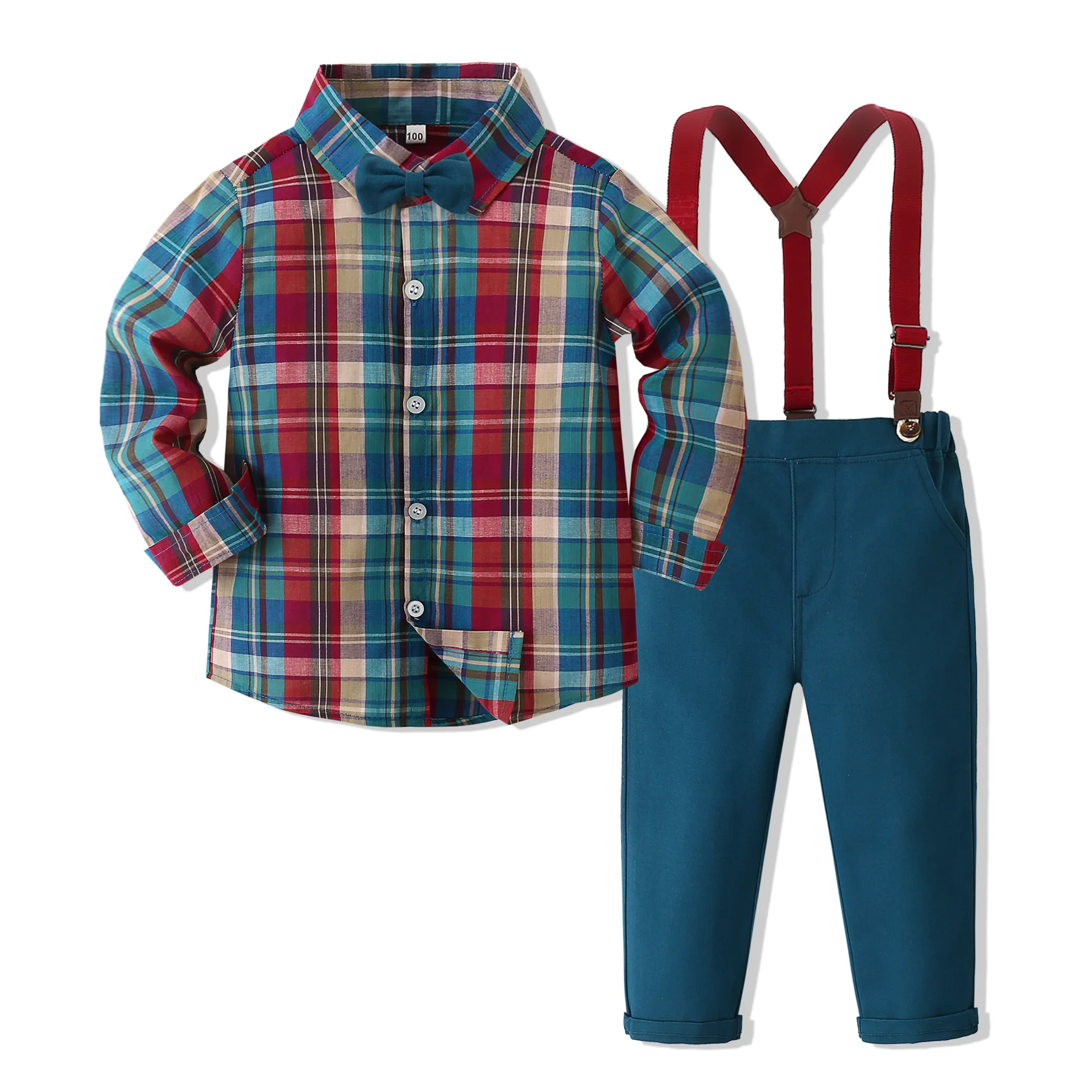 

Birthday Clothing Set Children Fashion Long Sleeve Plaid Lapel Shirt with Blue Pants Bow Boys Party Outfits Cotton Wholesale Set