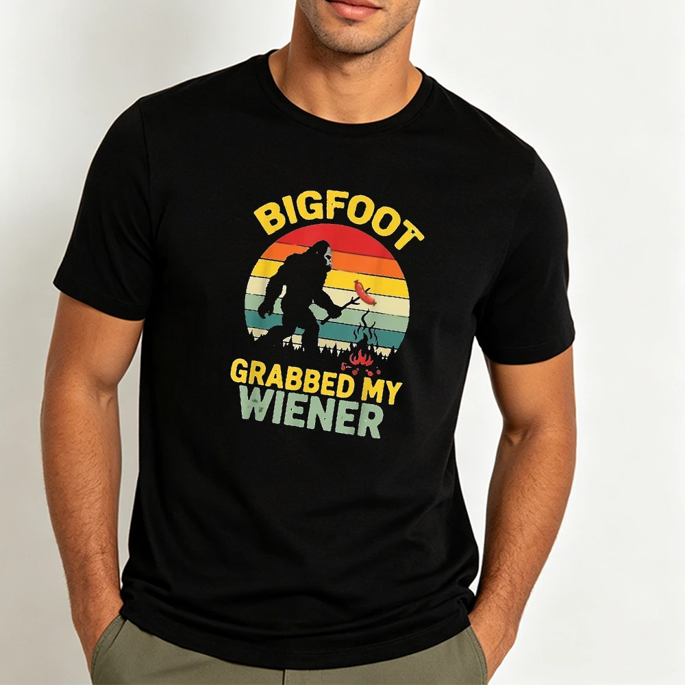 BIGFOOT GRABBED MY WIENER Funny Sasquatch Tshirt Men Vintage Sunset BBQ Graphic Short Sleeve Casual Cryptid Lover Street Tee Top