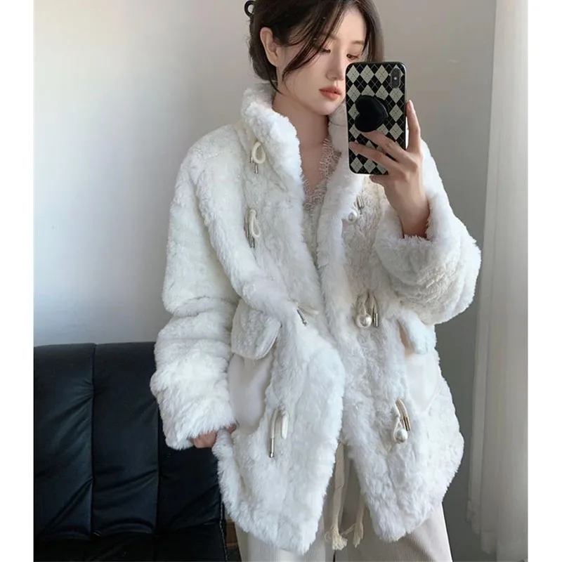 Korean Women Stand Collar Plush Outwear Spring Autumn Female High-end Faux Fur Coat 2025 Ladies Fashion Long Sleeved Fur Jacket