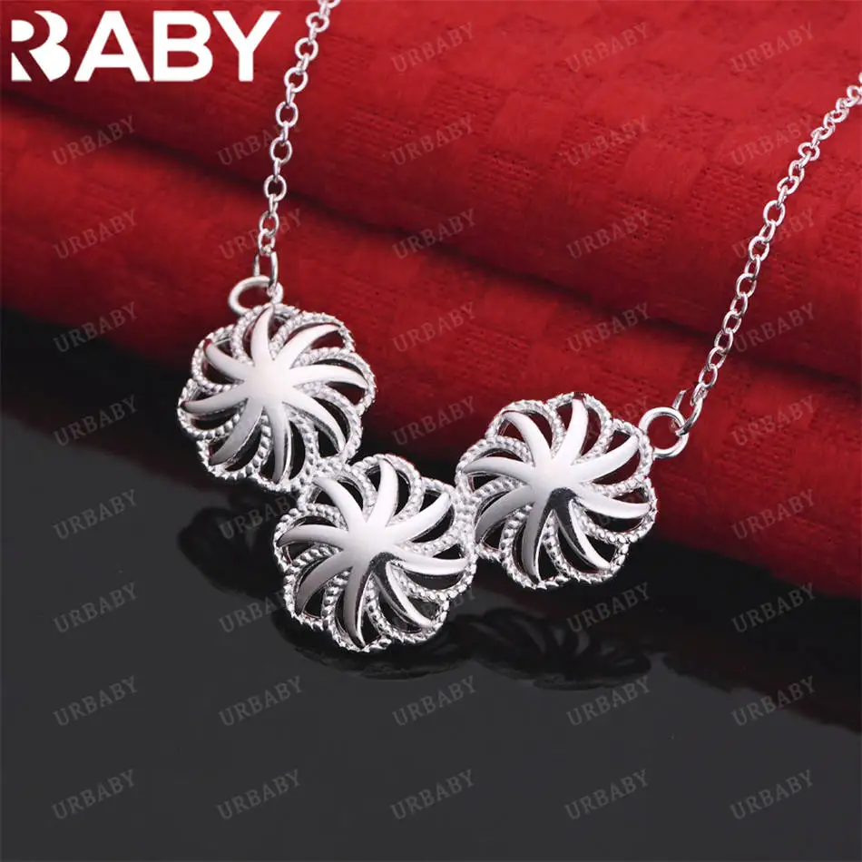 

URBABY 925 Sterling Silver Three Round Flower Pendant Necklace For Women Wedding Engagement Party Jewelry Gifts