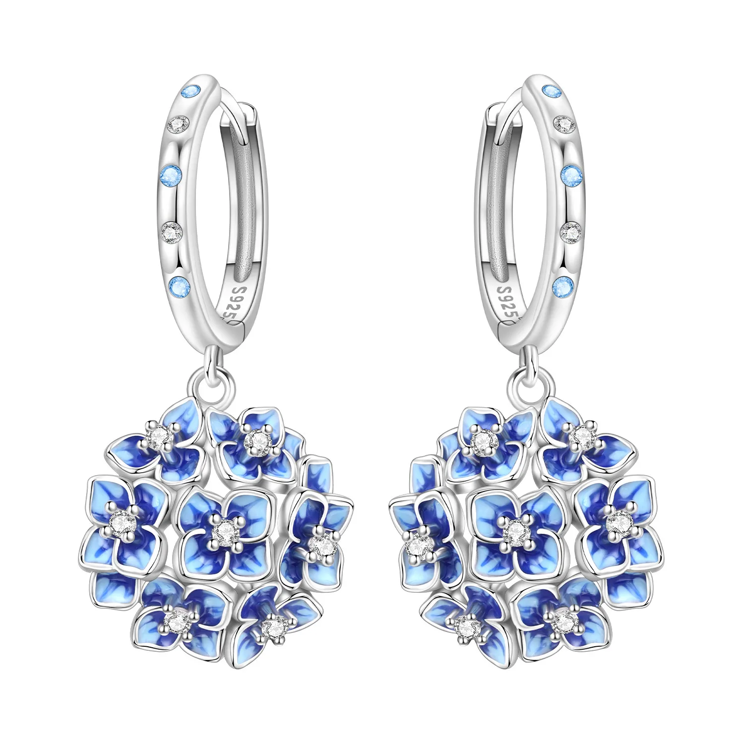 925 Sterling Silver Blue Hydrangea Flower Hoop Drop Earrings Gradient Blue Enamel Floral Dangle Earrings Women Jewelry Gift