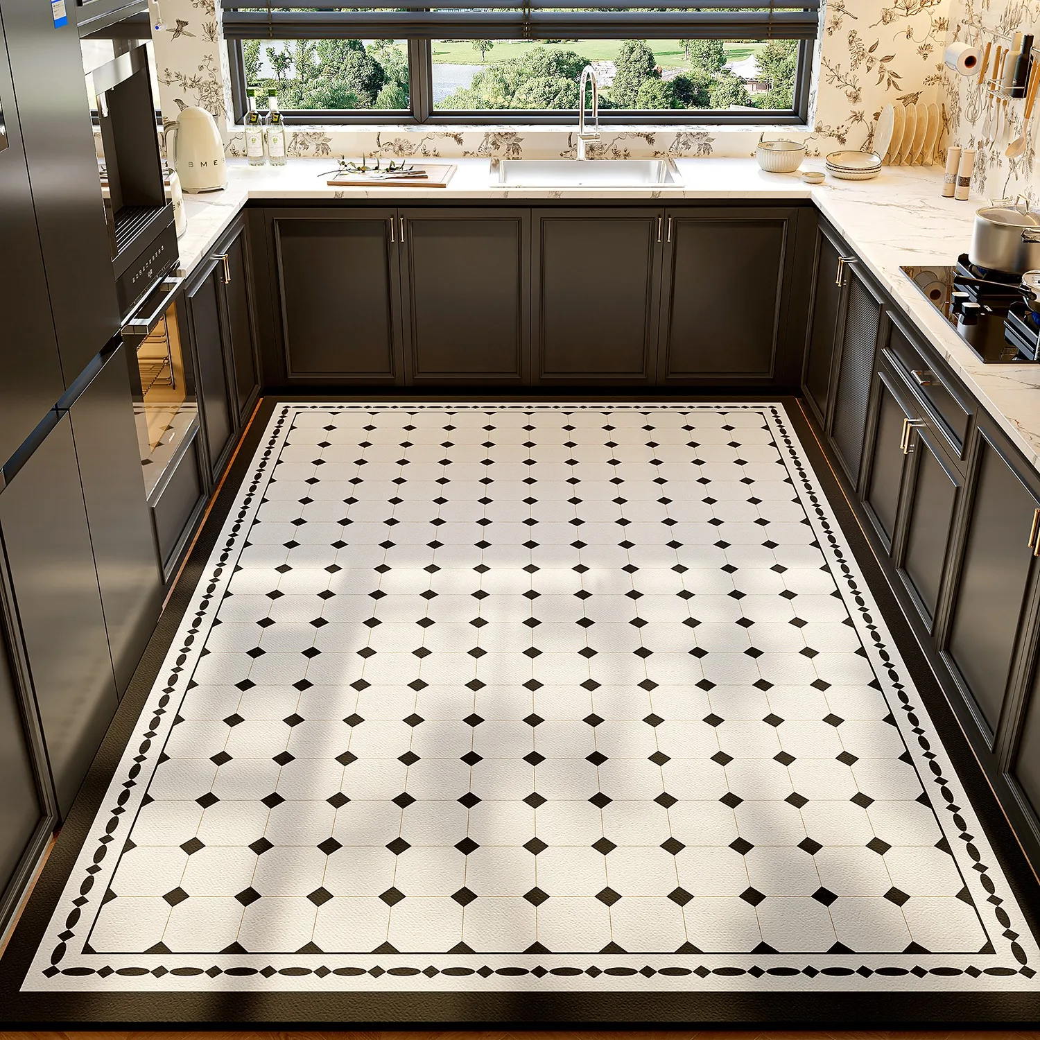 Kitchen Floor Mat Black White Diamond Grid Pattern Pvc Leather Non-slip Carpet Waterproof Oil-proof Large Area Home Decor Rug
