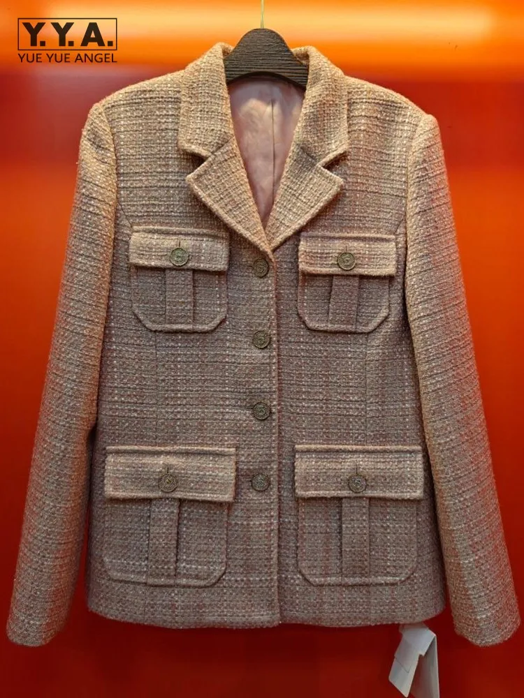 

Элегантная женская модная новая однобортная розовая куртка с несколькими карманами и длинным рукавом, облегающее пальто, женская верхняя одежда с отложным воротником