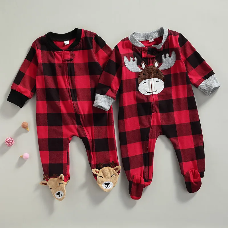 0 to 9 Months Christmas Newborn Baby Girl Boy Plaid Romper Deer Embroidered Long Sleeve Round Neck Footed Jumpsuit