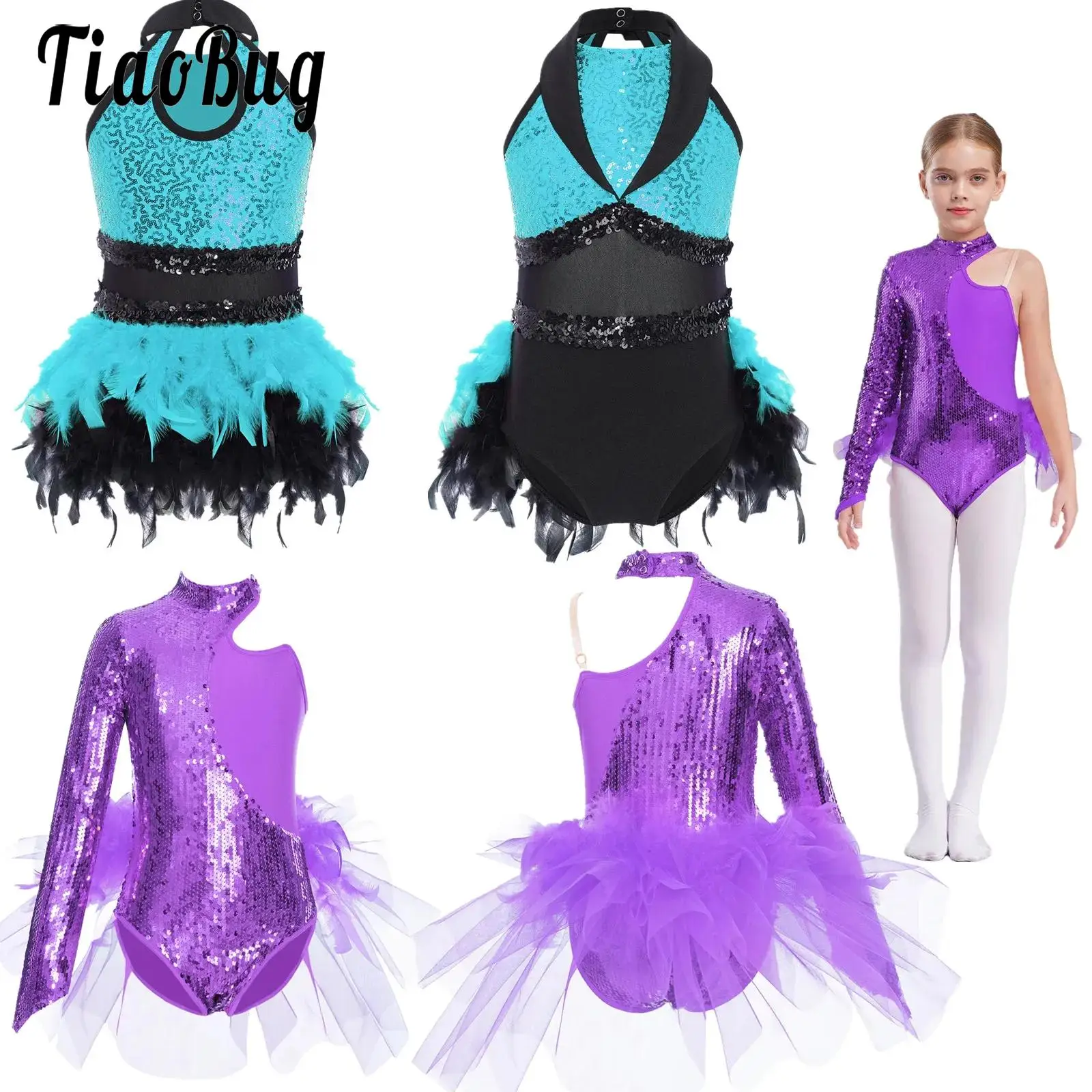 

Girls Sparkly Sequins Tulle Skirted Tutu Ballet Leotard Gymnastics Bodysuit Dance Jumpsuit Teens Jazz Latin Skating Costume