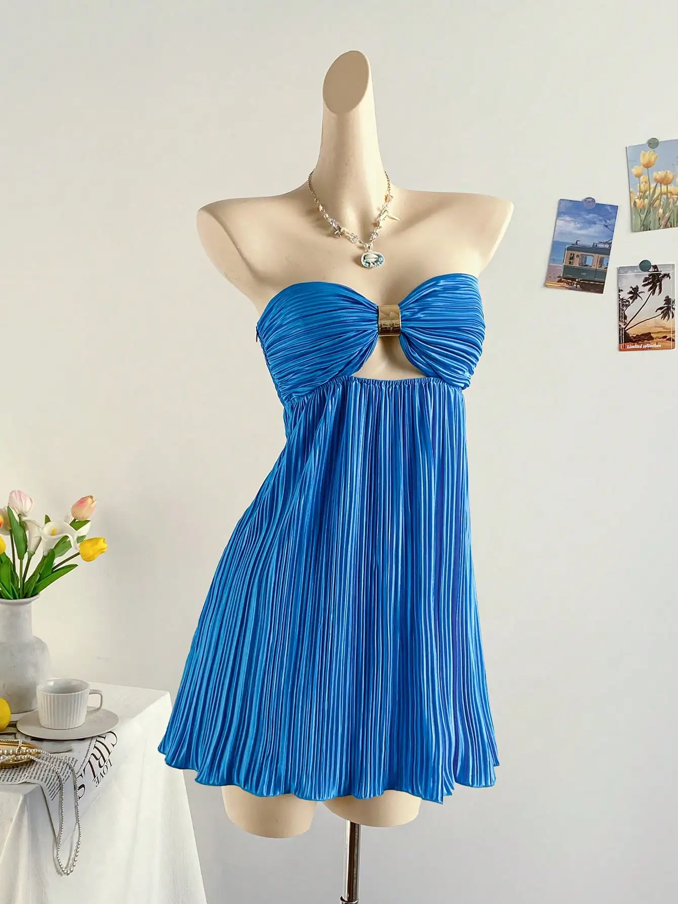 Blue Pleated Ruched Bandeau Mini Dress for Women