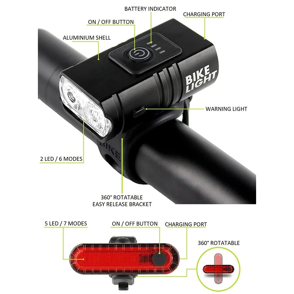 

Комплект USB-аккумуляторных велосипедных фонарей спереди и сзади, светодиодная алюминиевая велосипедная фара, велосипедный головной фонарь, передняя задняя фара для езды на велосипеде, 1