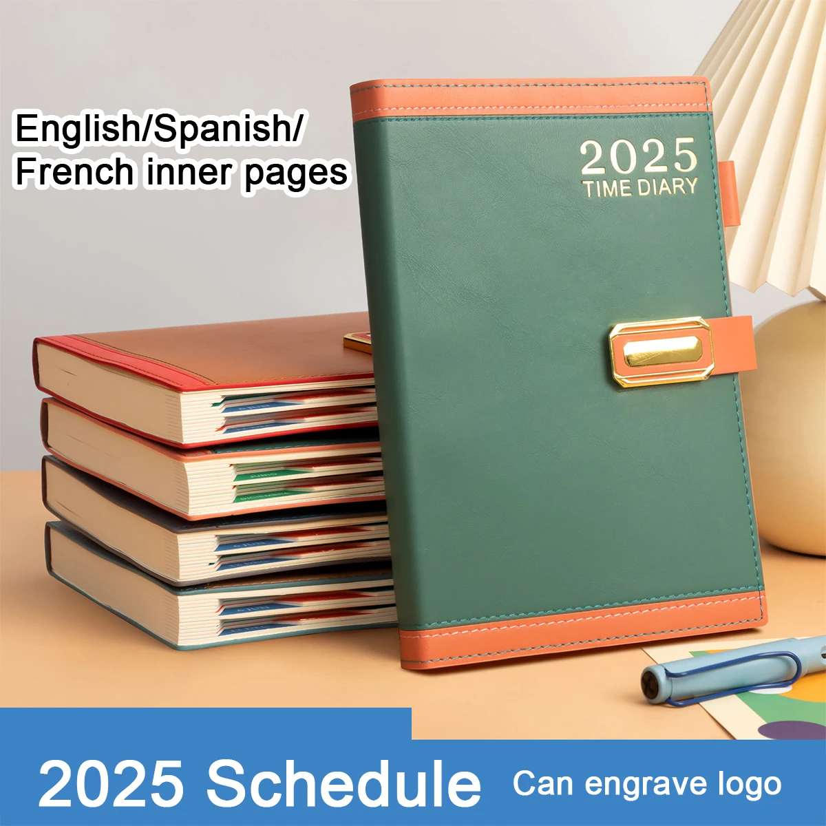 (Can Engrave Logo) A5 Leather 2025 Business Schedule Record  Book, English/Spanish/French Pages, Student Daily Planner, Notepad