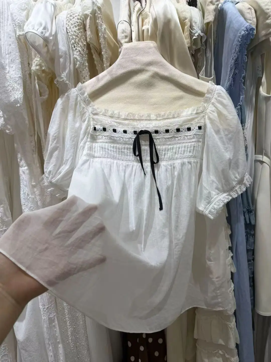 

Color Contrast Women White Shirt Lace Hollow Out Square Collar Puff Sleeve Casual 100% Cotton Blouse Top
