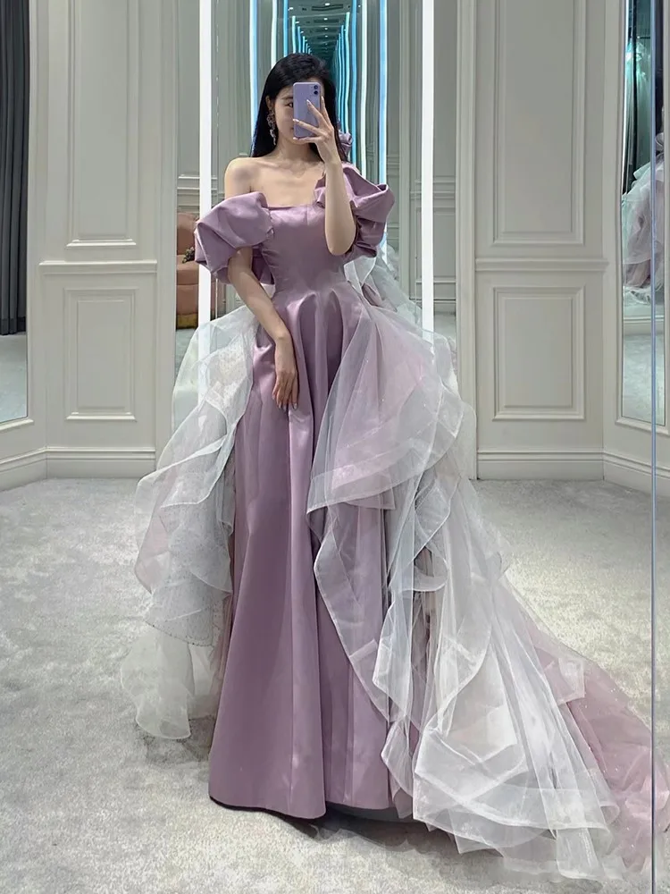 |High Quality Purple Evening Dress Female Host Art Exam Adult Formal Light Luxury Minority Satin New·