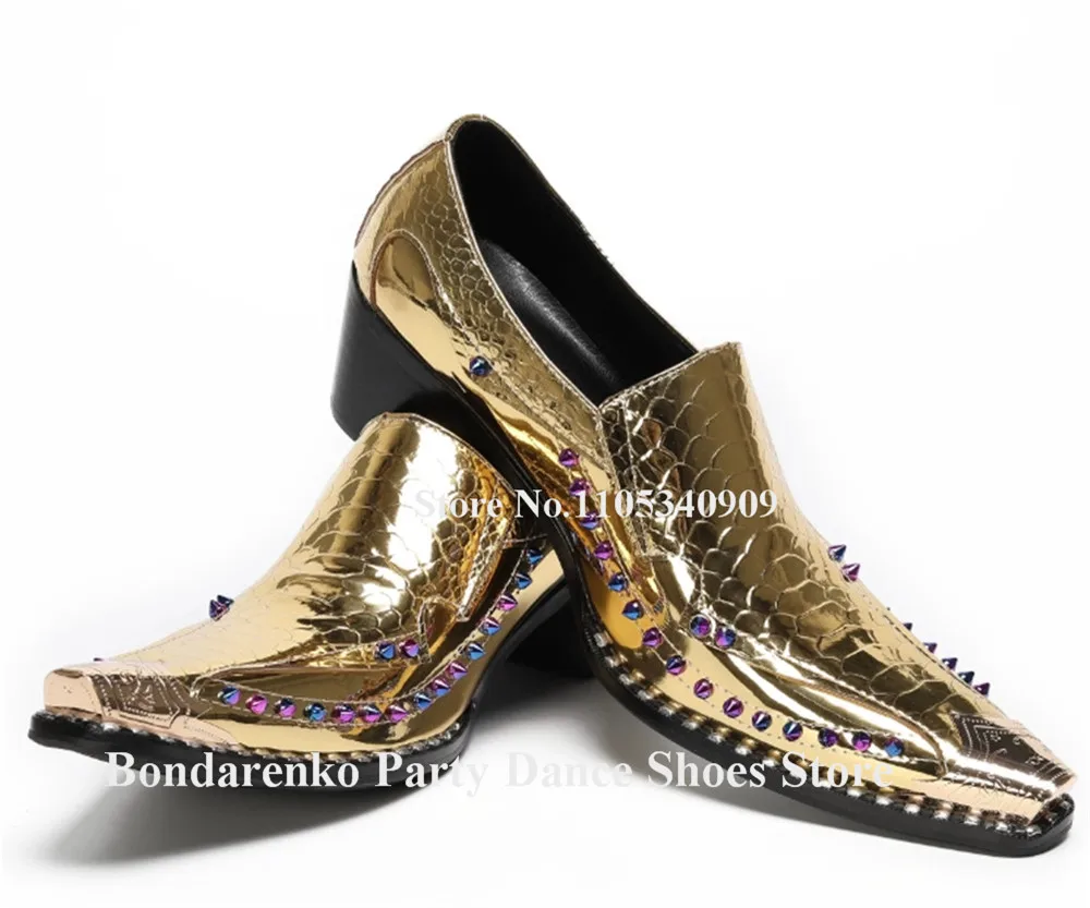 Bondarenko Gold Blue Pattern Leather Colorful Rivets Flat Men Shoes Pointed Toe Slip-on Thick Low Heel Slip-on Dance Shoes