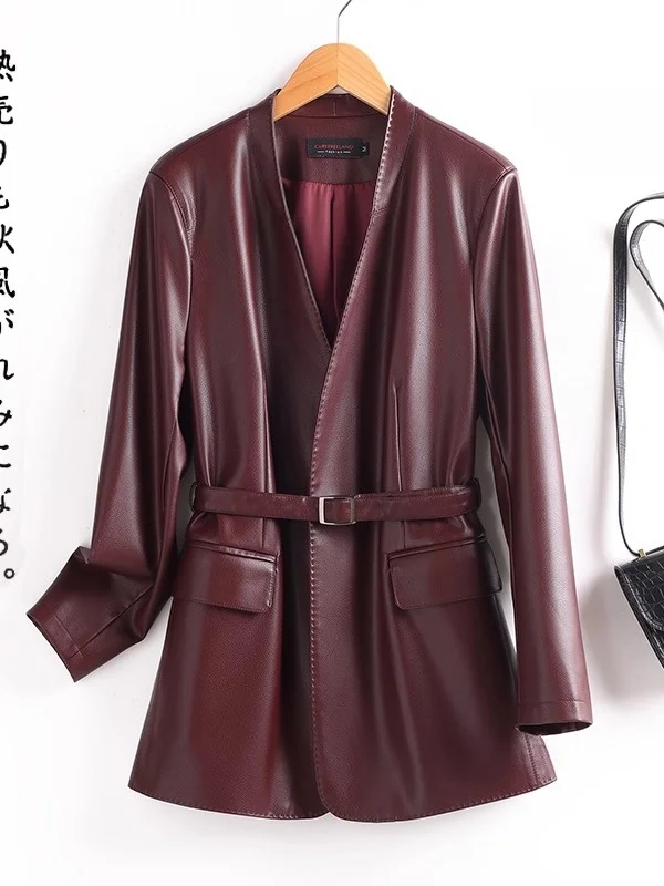 Faionable V-Ne Leather Jaet Women's Slim Fit Mid-Length Spring Autumn New Sle Haifeng Genuine Leather Coat