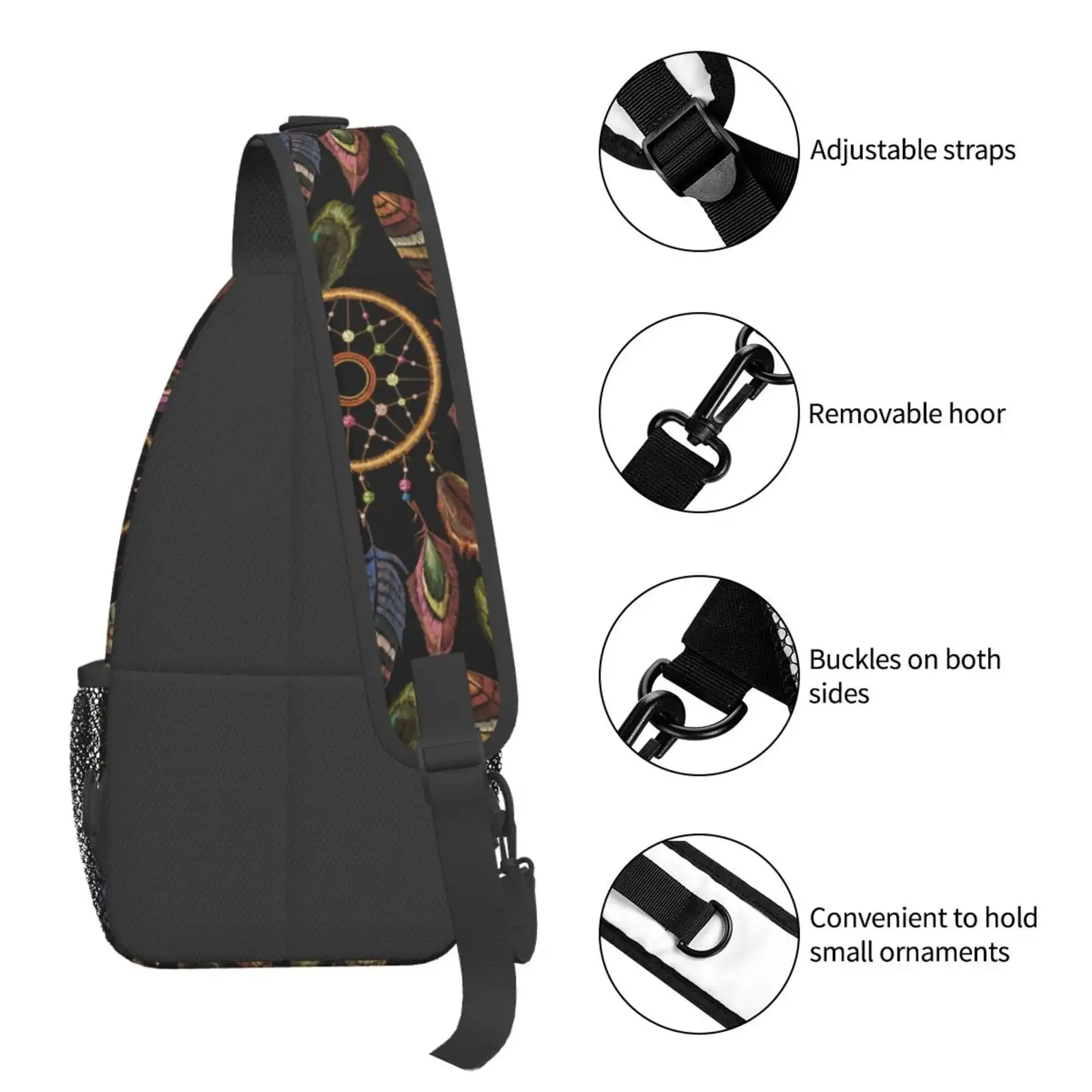 Decorative Feathers Pattern Cross Chest Bag Diagonally – Premium Durable Front Chest Sling With Adjustable Padded Strap