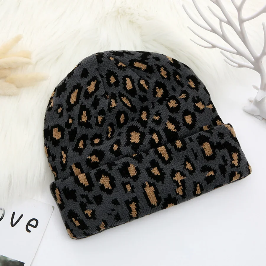 Leopard Jacquard Unisex Beanies Y2K Trendy Autumn Winter Thicken Warm Hat Hip Hop Vintage Skullies Knit Hats for Women Men