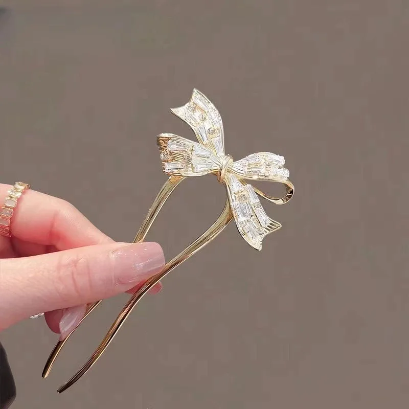 1PC ใหม่ผีเสื้อโบว์ Golden Zircon U-รูป Hairpin สําหรับผู้หญิง,ด้านหลังหัว,จาน Hairpin,ทุกวันโมเดิร์นอุปกรณ์เสริมผม