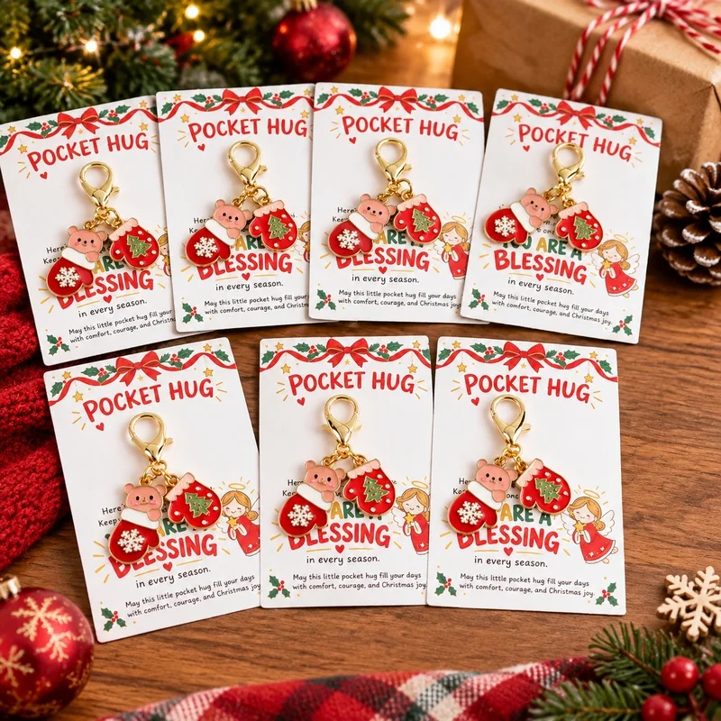 10pcsChristmas Pocket Hug Keychain with Card Comfort and courage gifts Bear Glove Pendant holiday souvenirs Alloy Material Keych