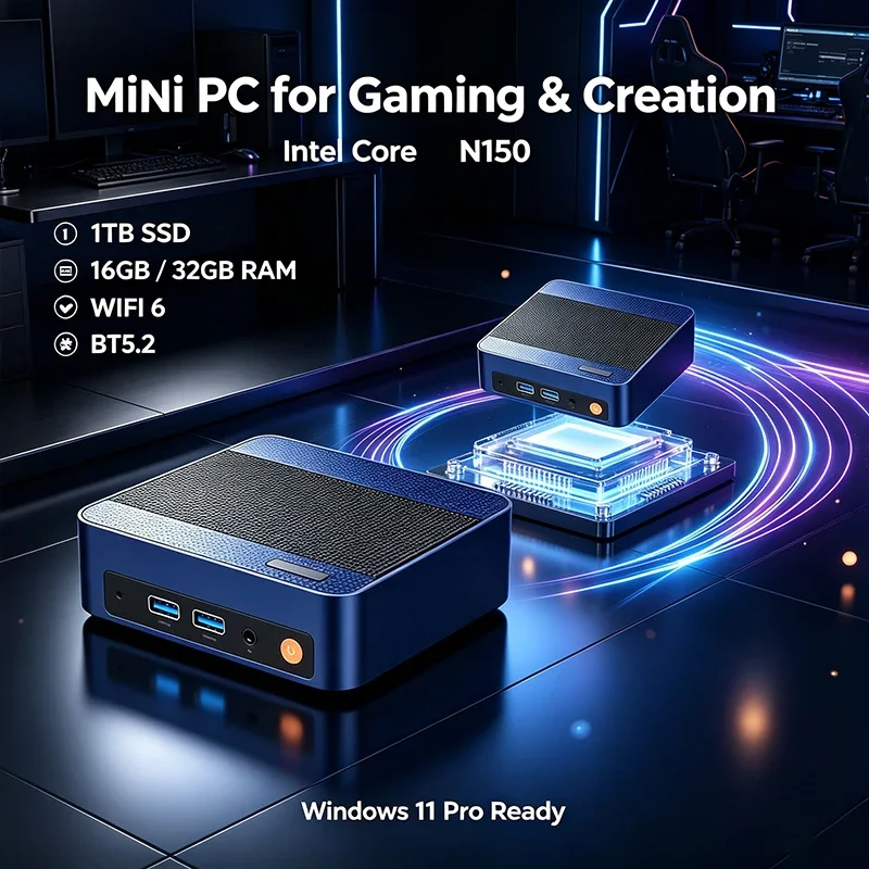 Mini PC For Gaming Content Creation Intel N150 16GB 1TB WiFi 6 Windows 11 Pro 4K HD Portable Compact Desktop Workstation