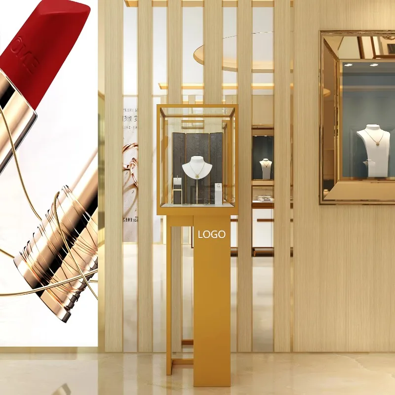 Certified Luxury Metal White Glass Jewelry Display Stand Light Emitting Diode Strip Display Cabinet Necklace Store Storage Solut