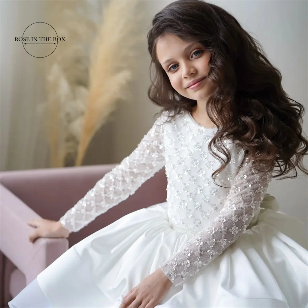 Robes à fleurs blanches pour filles, manches longues, en dentelle à paillettes, pour mariage, princesse, fête d'anniversaire, robe de première Communion personnalisée